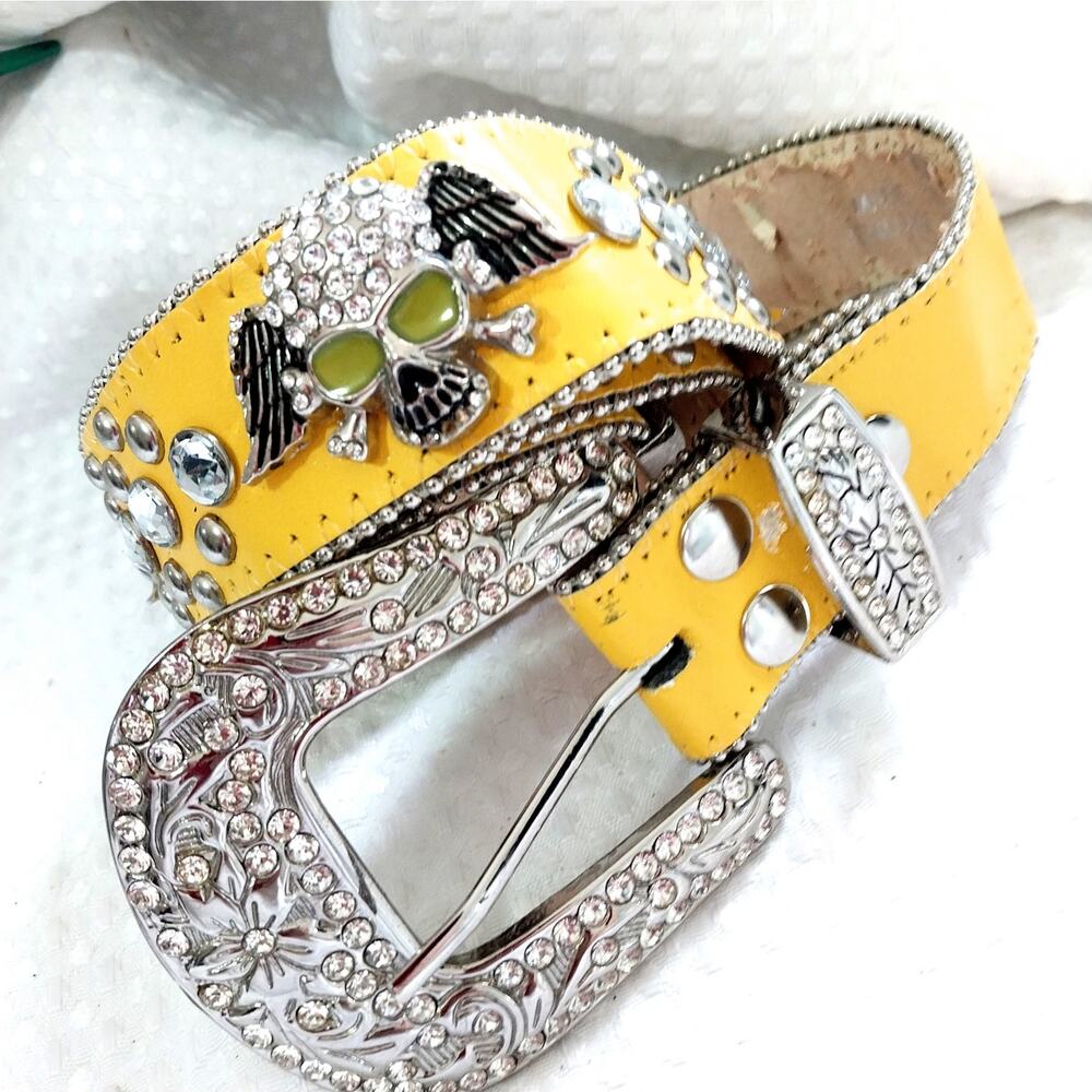 Yellow Rhinestone Skull Belt